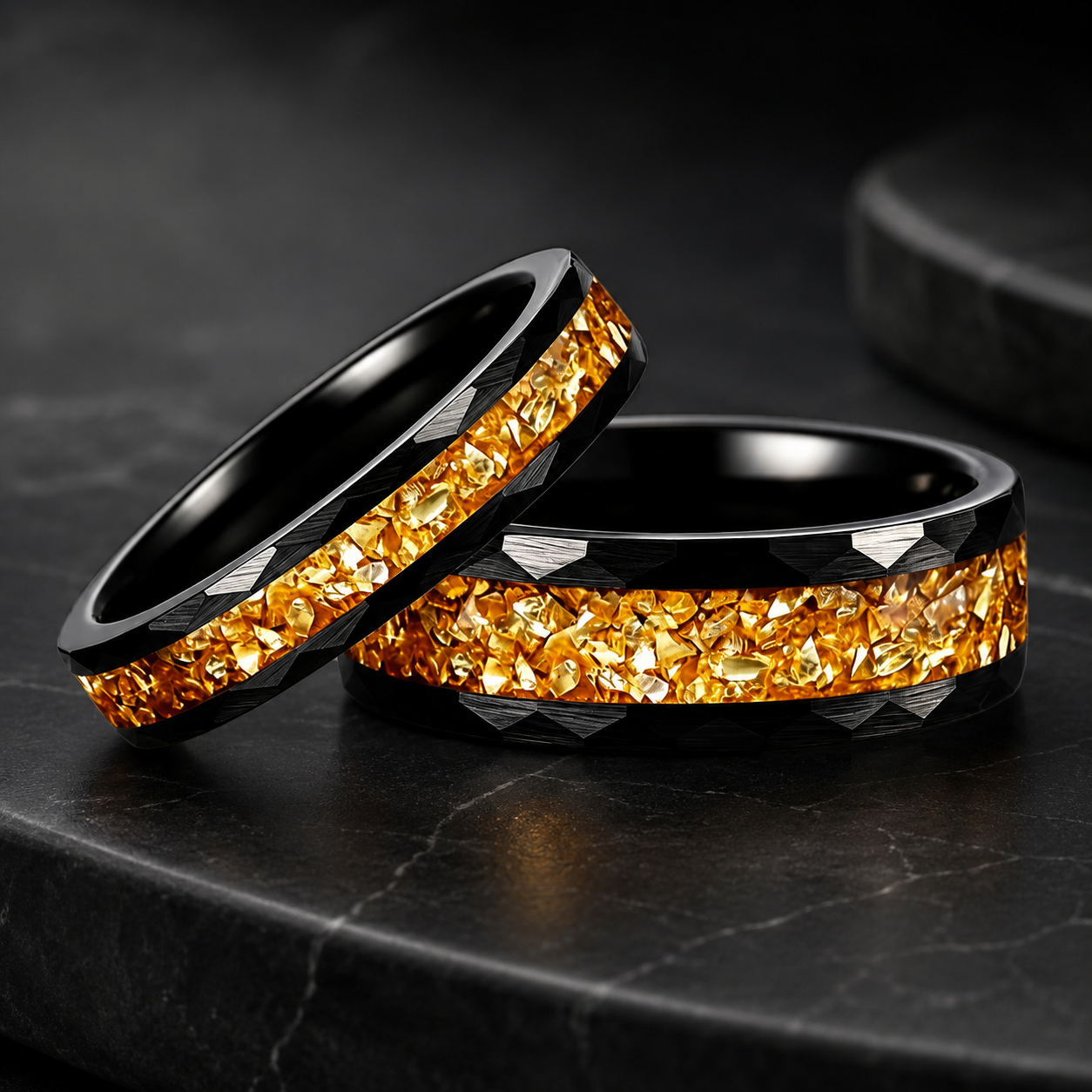 Hammered Tungsten Ring with Golden Crystal Stone Inlay