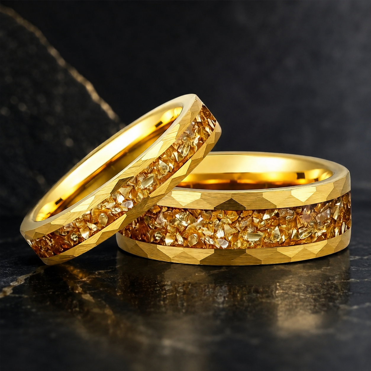 Hammered Tungsten Ring with Golden Crystal Stone Inlay