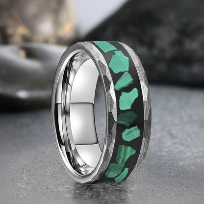 Hammered Tungsten Ring with Green Malachite
