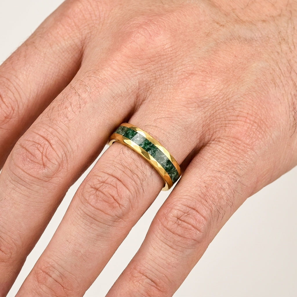 Hammered Tungsten Ring with Green Moss Agate Inlay