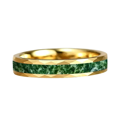 Hammered Tungsten Ring with Green Moss Agate Inlay