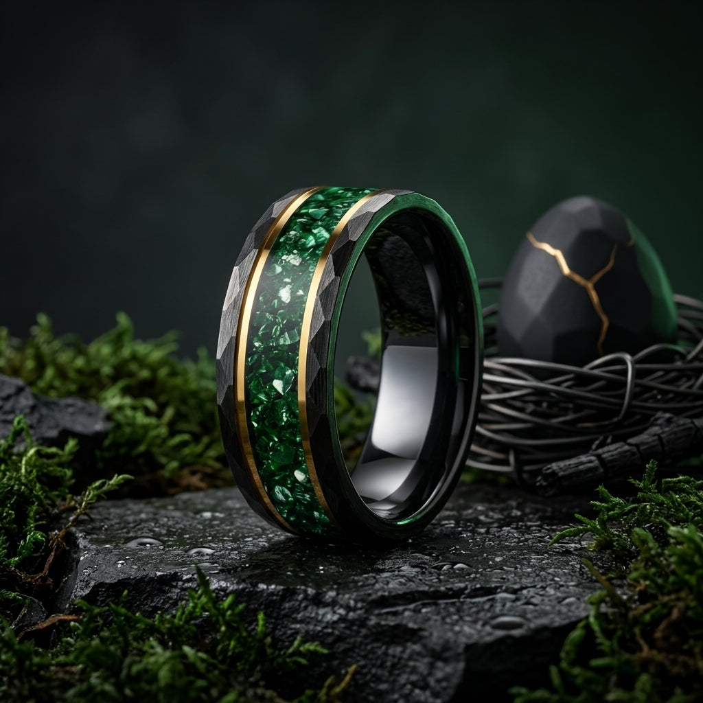 Hammered Tungsten Ring with Green Crystal Inlay