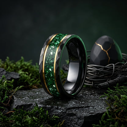 Hammered Tungsten Ring with Green Crystal Inlay