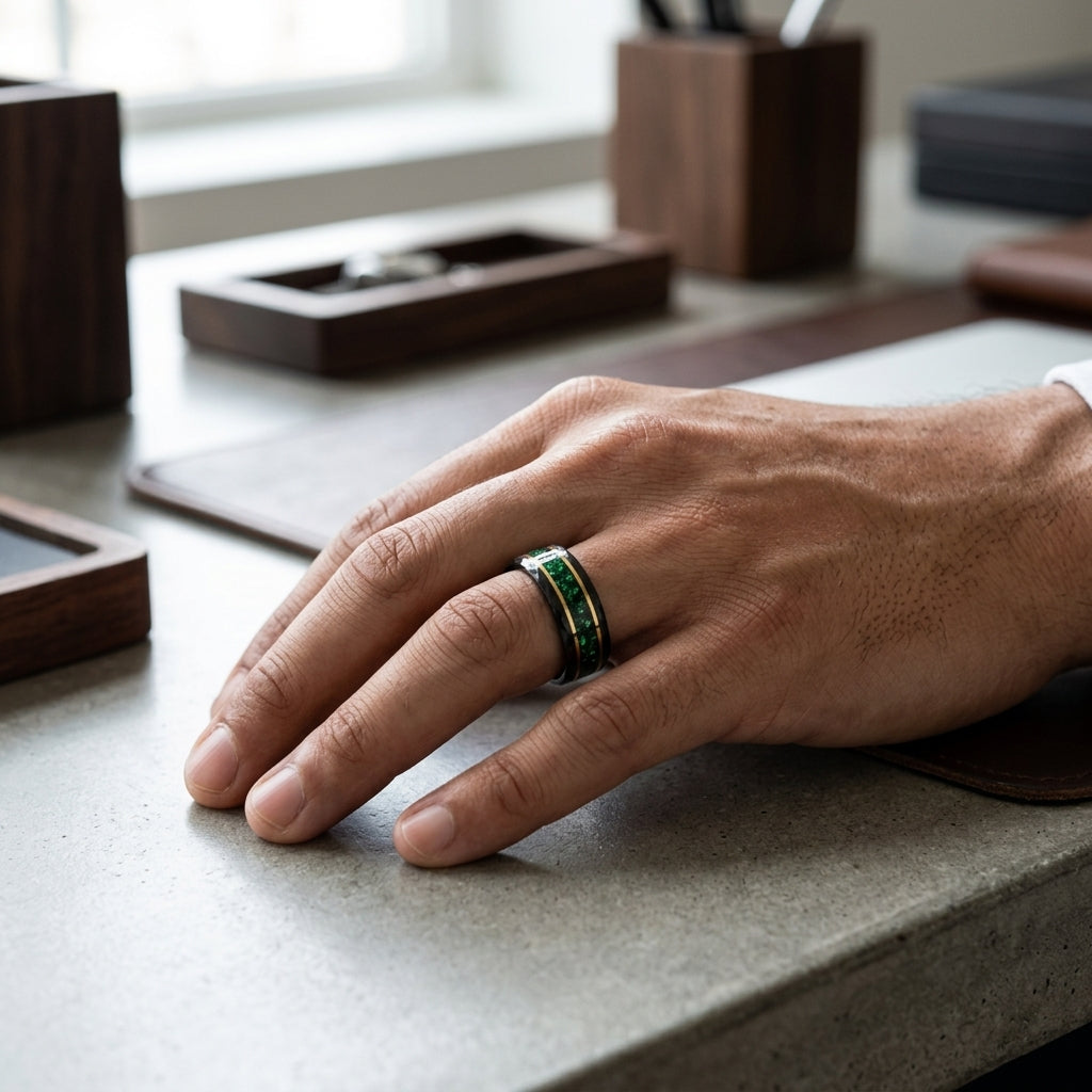 Hammered Tungsten Ring with Green Crystal Inlay