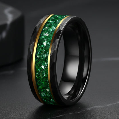 Hammered Tungsten Ring with Green Crystal Inlay (8mm)