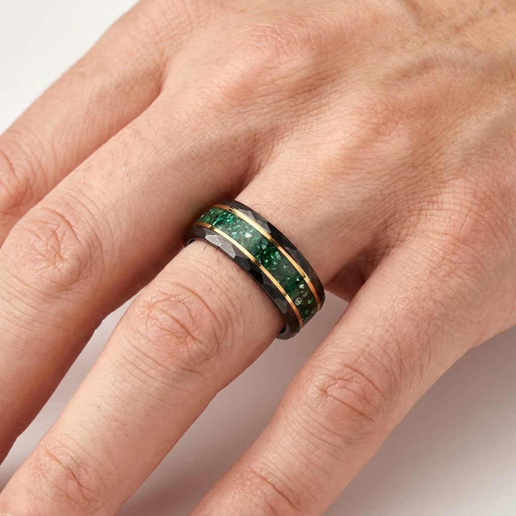 Hammered Tungsten Ring with Green Crystal Inlay