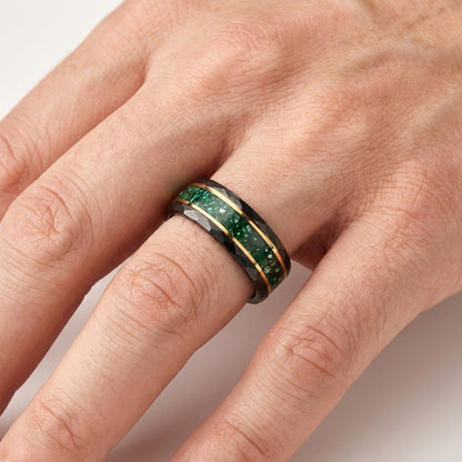 Hammered Tungsten Ring with Green Crystal Inlay