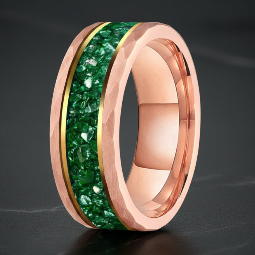 Hammered Tungsten Ring with Green Crystal Inlay (8mm)