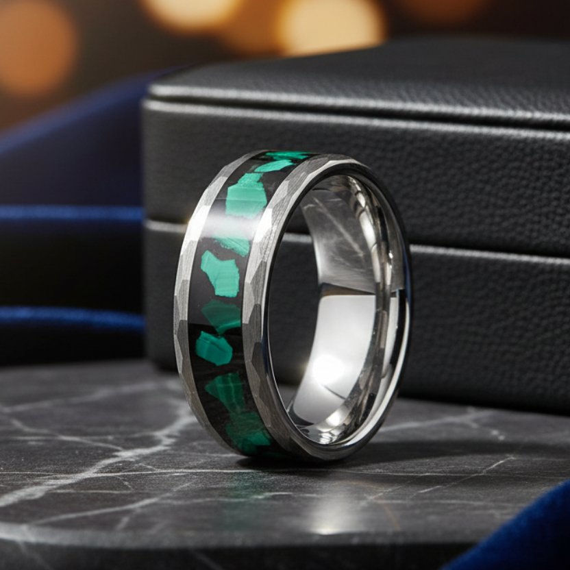 Hammered Tungsten Ring with Green Malachite
