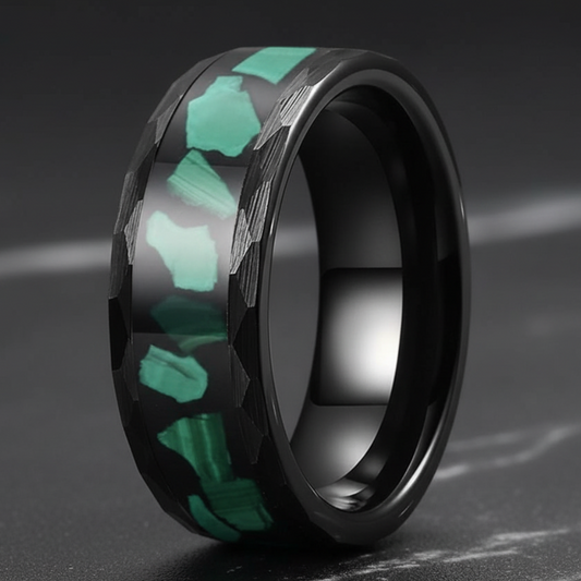 Hammered Tungsten Ring with Green Malachite