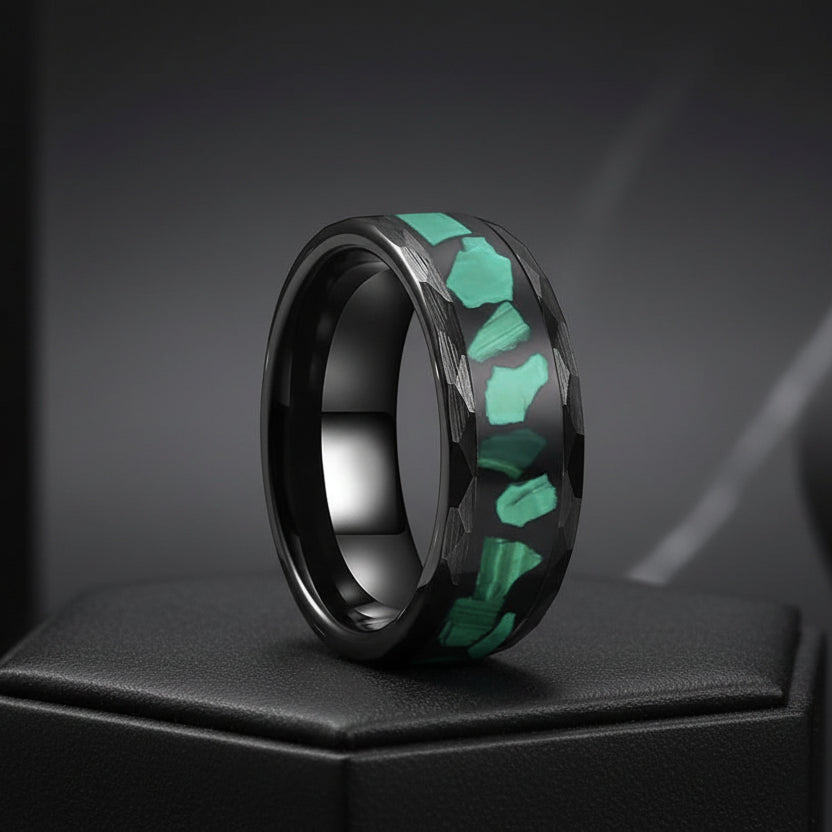 Hammered Tungsten Ring with Green Malachite