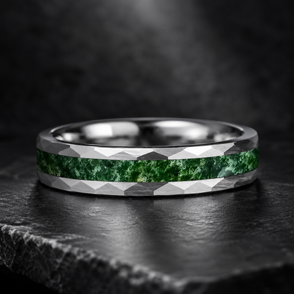 Hammered Tungsten Ring with Green Moss Agate Inlay