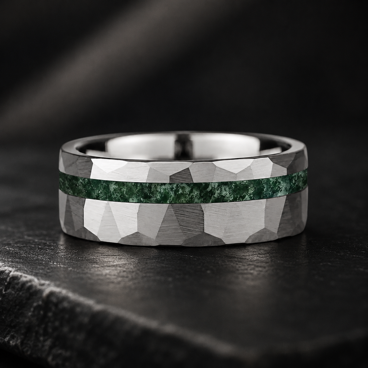Hammered Tungsten Ring with Green Moss Agate Inlay