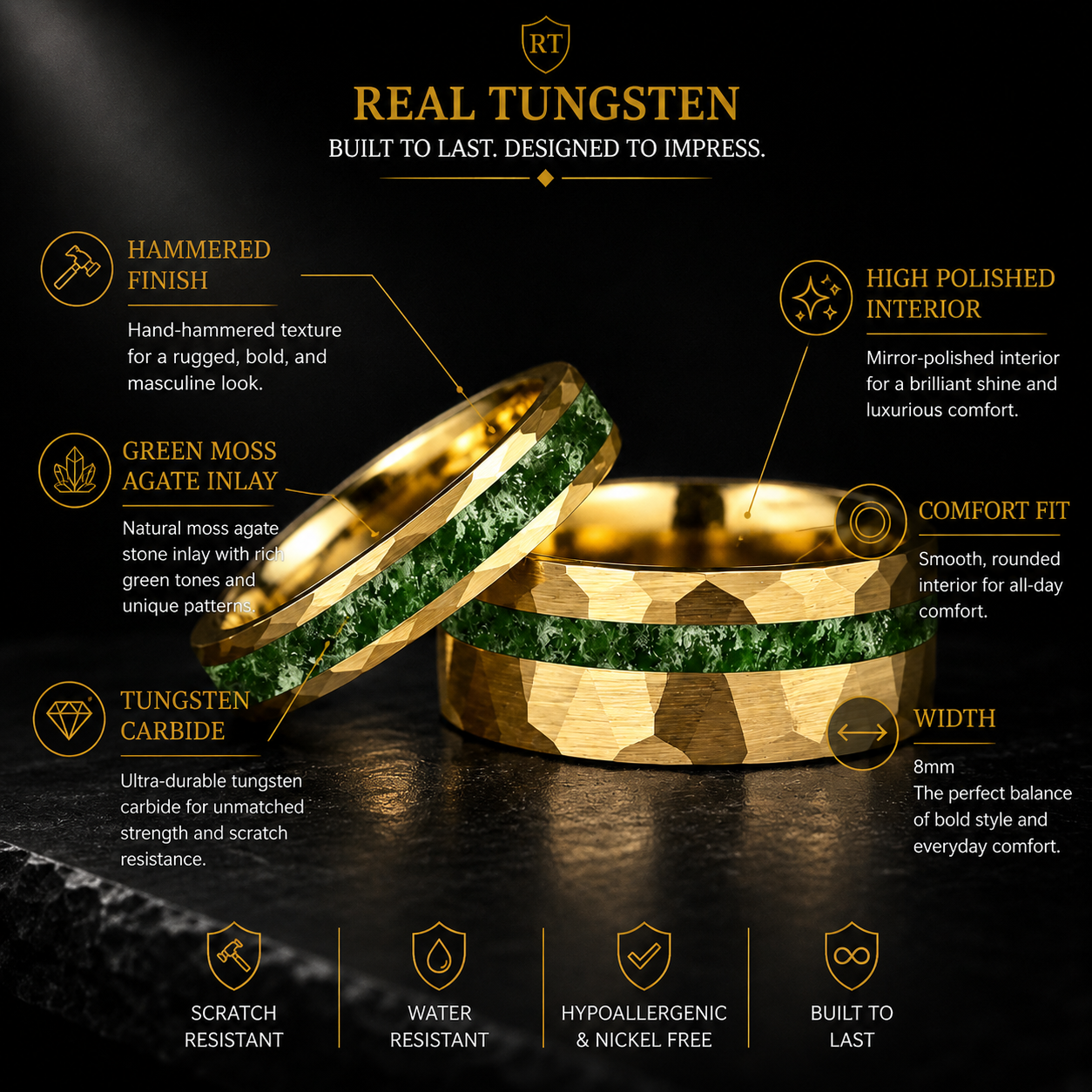 Hammered Tungsten Ring with Green Moss Agate Inlay