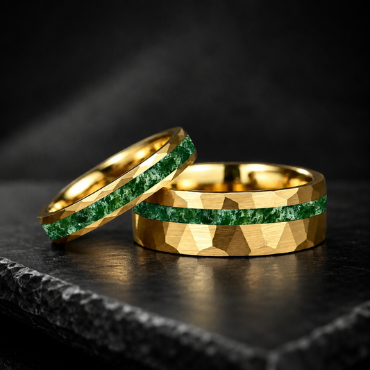 Hammered Tungsten Ring with Green Moss Agate Inlay