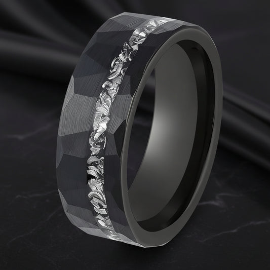 Hammered Tungsten Ring with Iron Filings & Opal Inlay