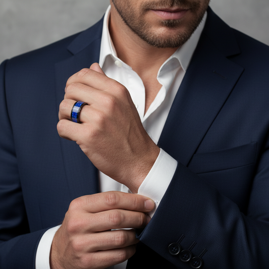 Hammered Tungsten Ring with Lapis Lazuli Inlay