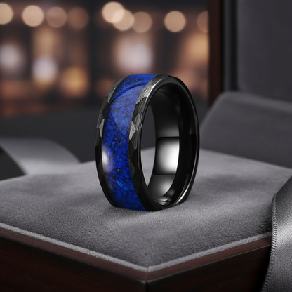 Hammered Tungsten Ring with Lapis Lazuli Inlay 