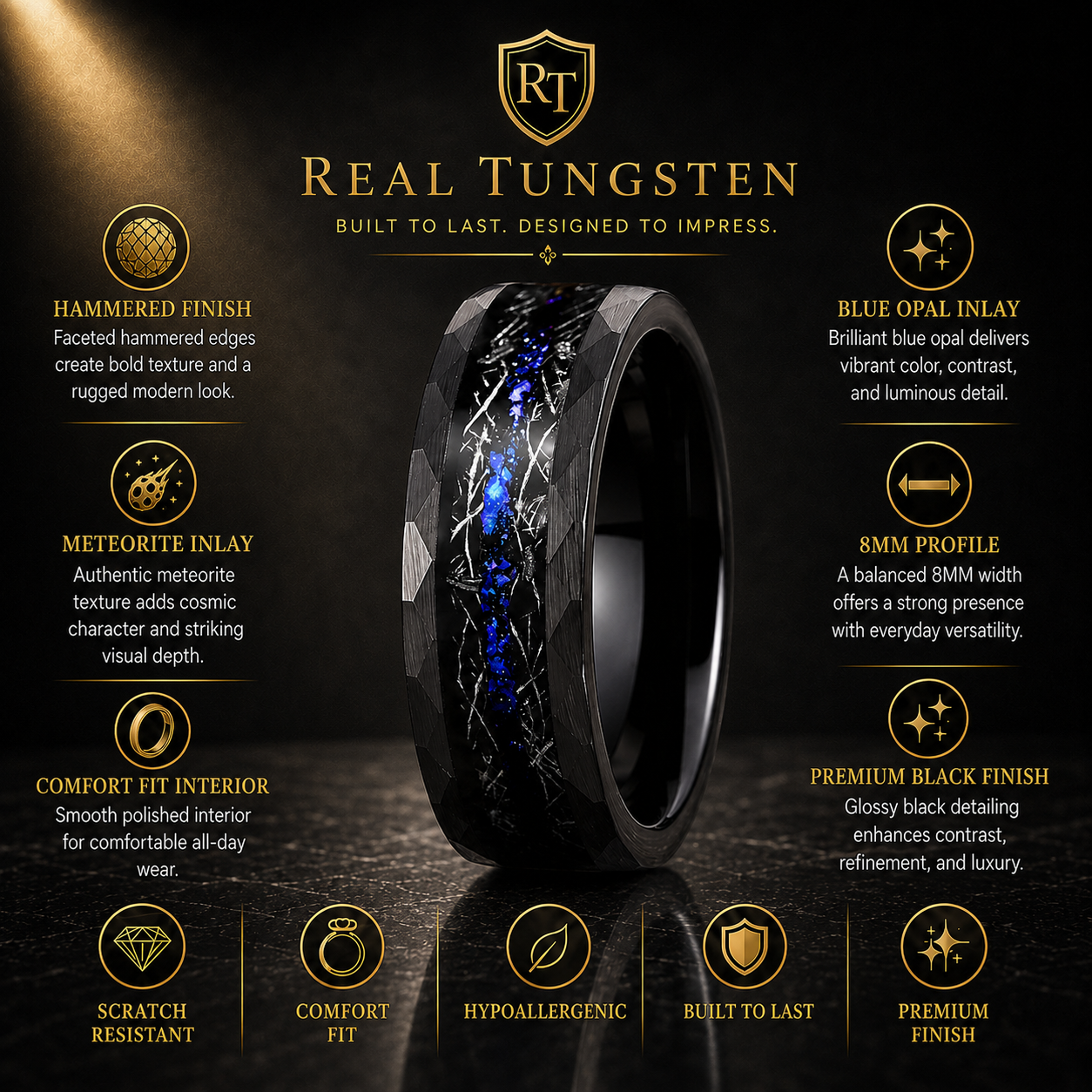  Hammered Tungsten Ring with Meteorite & Blue Opal Inlay