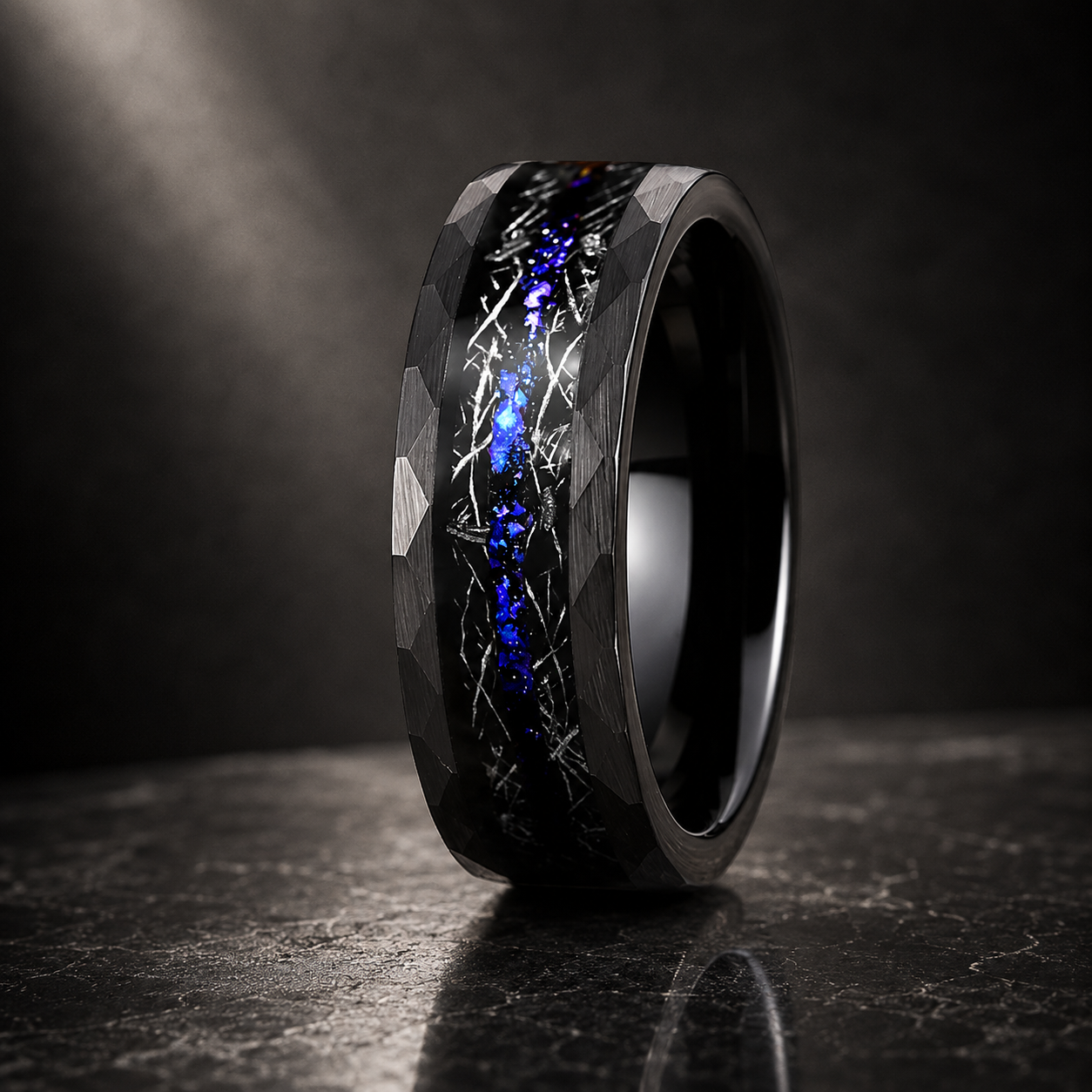  Hammered Tungsten Ring with Meteorite & Blue Opal Inlay