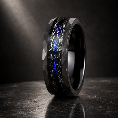  Hammered Tungsten Ring with Meteorite & Blue Opal Inlay