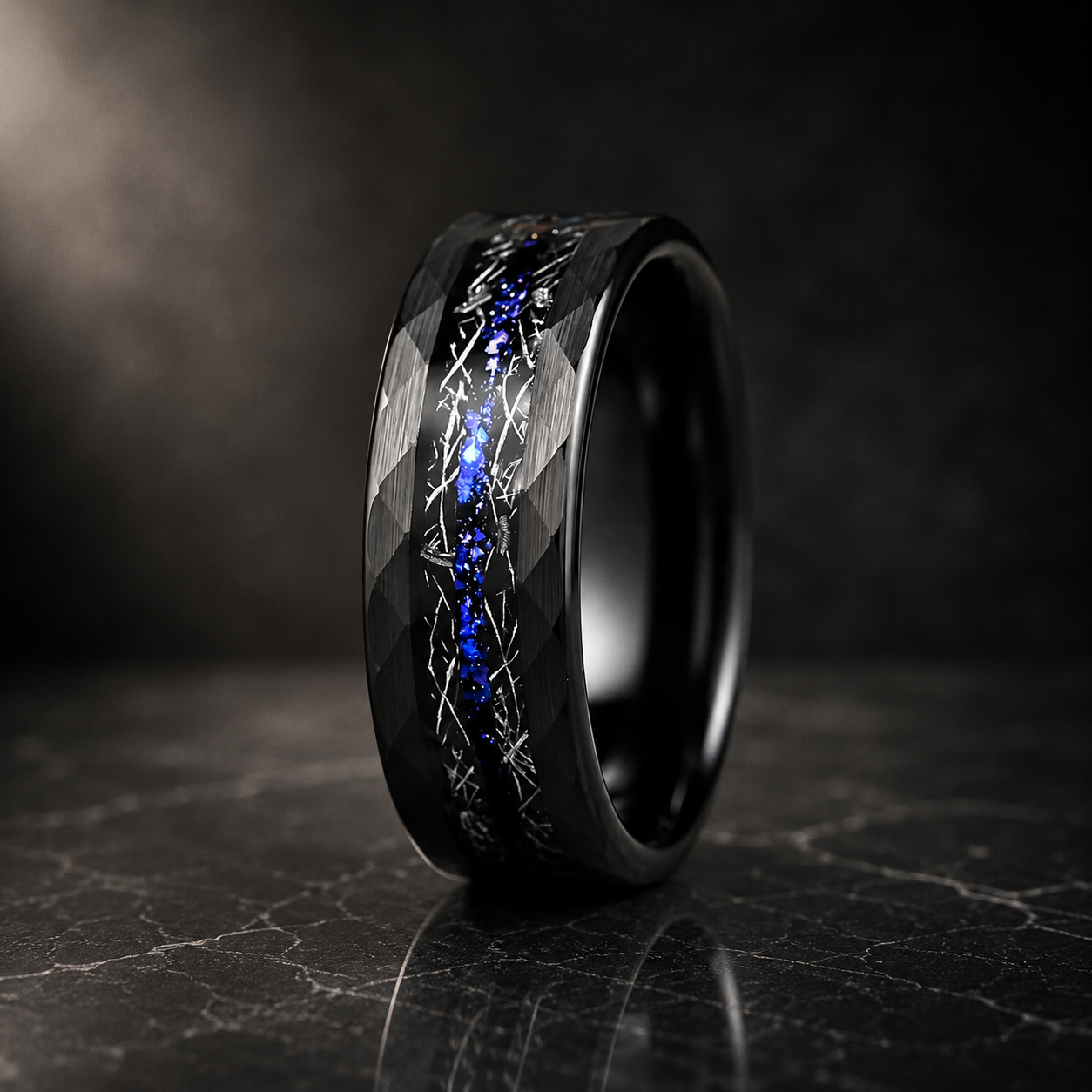  Hammered Tungsten Ring with Meteorite & Blue Opal Inlay
