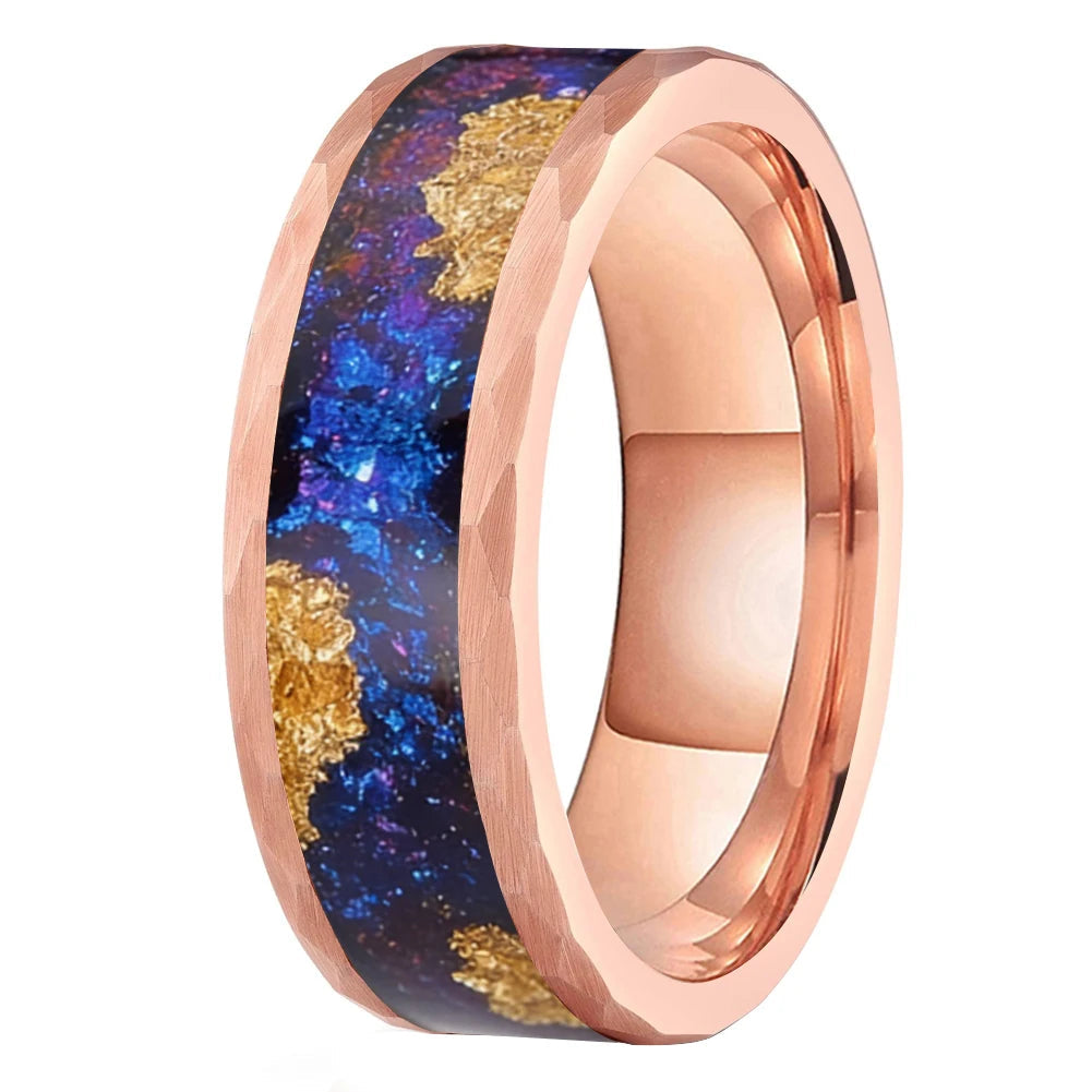 Hammered Tungsten Ring with Orion Nebula & Gold Foil Inlay