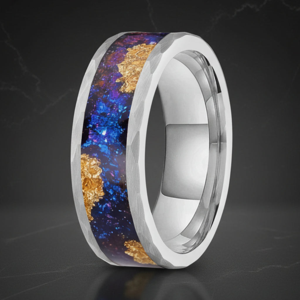Hammered Tungsten Ring with Orion Nebula & Gold Foil Inlay