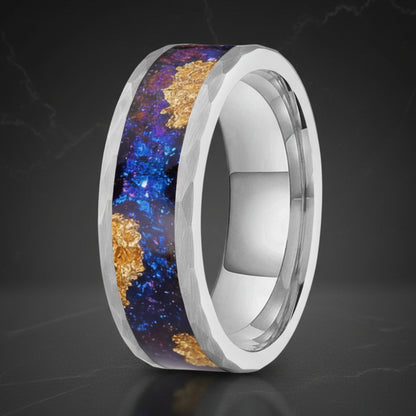 Hammered Tungsten Ring with Orion Nebula & Gold Foil Inlay