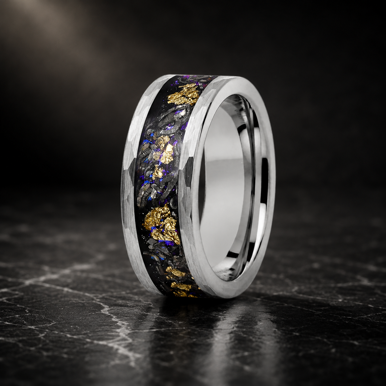 Hammered Tungsten Ring with Orion Nebula & Meteorite Inlay