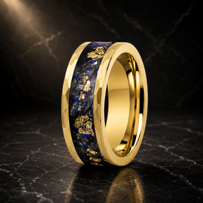 Hammered Tungsten Ring with Orion Nebula & Meteorite Inlay