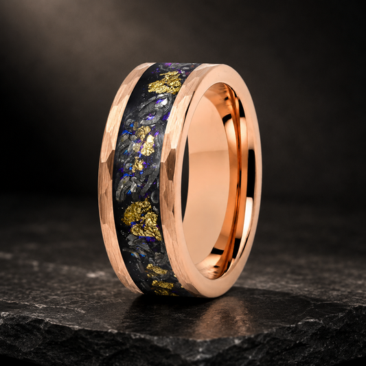 Hammered Tungsten Ring with Orion Nebula & Meteorite Inlay