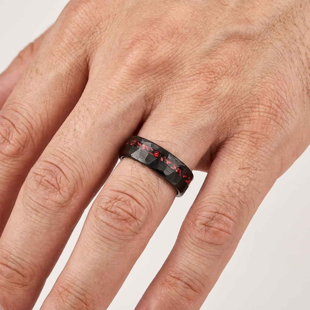 Hammered Tungsten Ring with Red Garnet Inlay