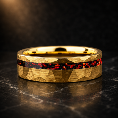 Hammered Tungsten Ring with Red Garnet Inlay