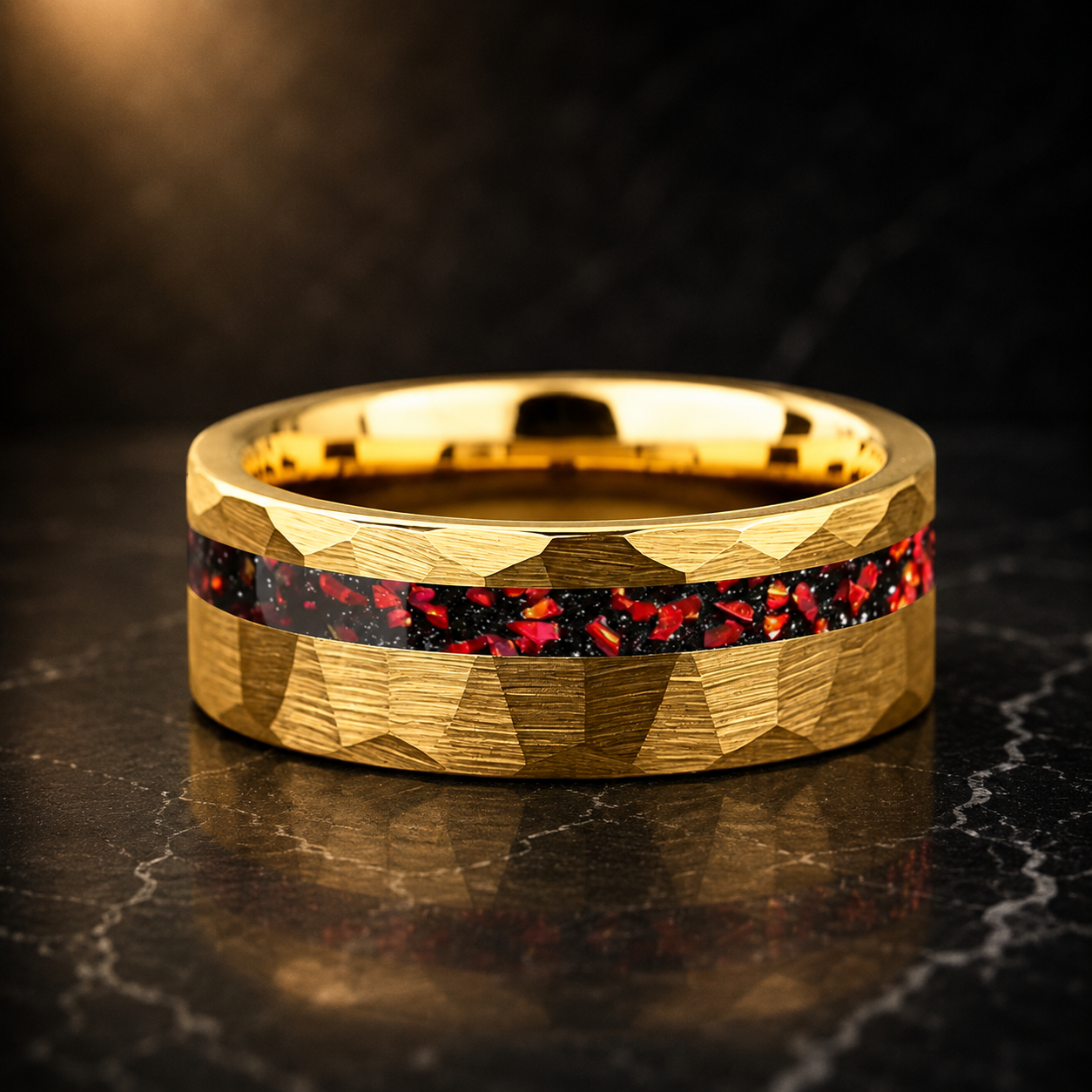 Hammered Tungsten Ring with Red Garnet Inlay