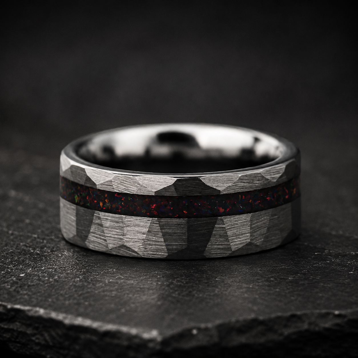 Hammered Tungsten Ring with Red Opal