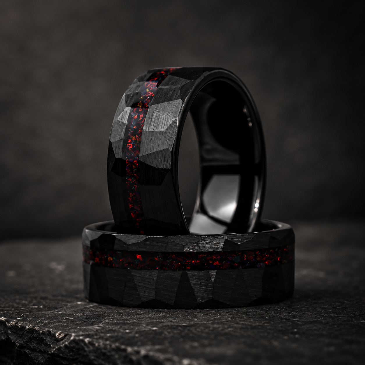 Hammered Tungsten Ring with Red Opal