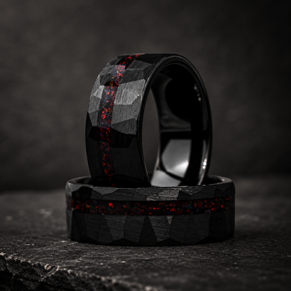 Hammered Tungsten Ring with Red Opal