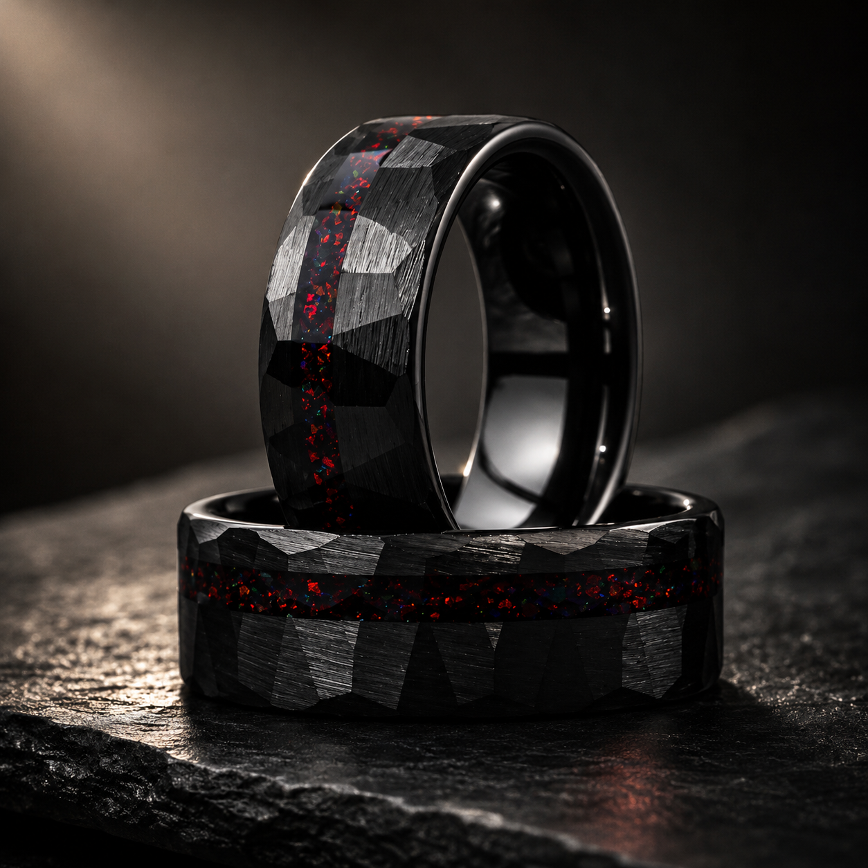 Hammered Tungsten Ring with Red Opal