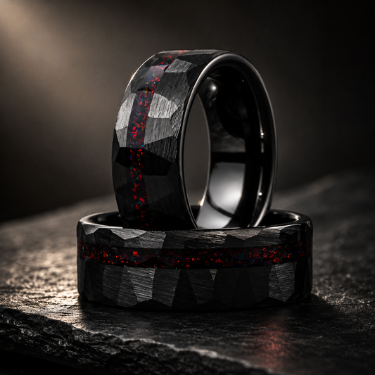 Hammered Tungsten Ring with Red Opal