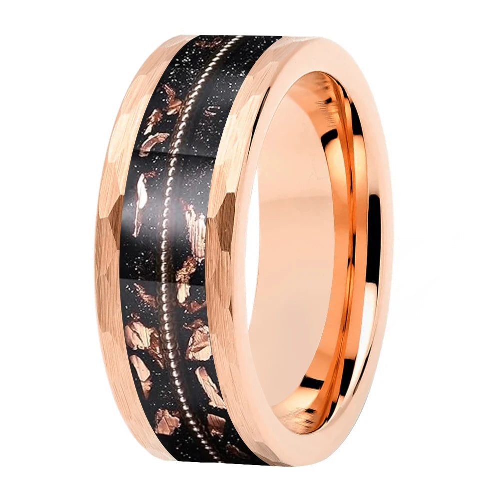Hammered Tungsten Ring with Rose Gold Foil