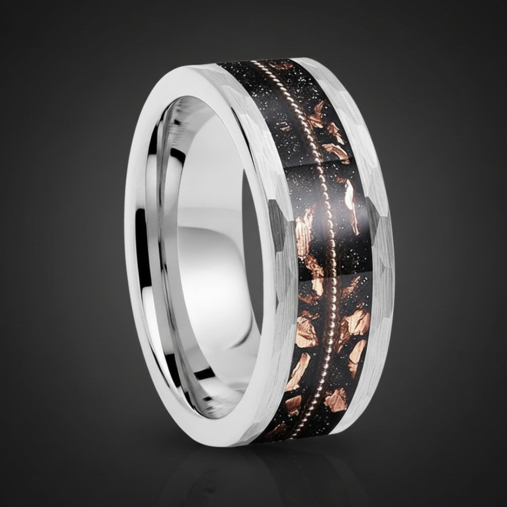 Hammered Tungsten Ring with Rose Gold Foil