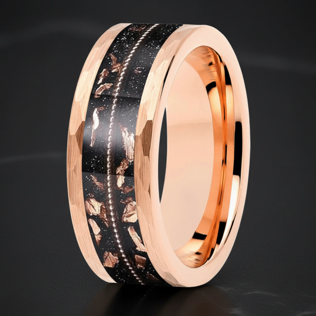 Hammered Tungsten Ring with Rose Gold Foil