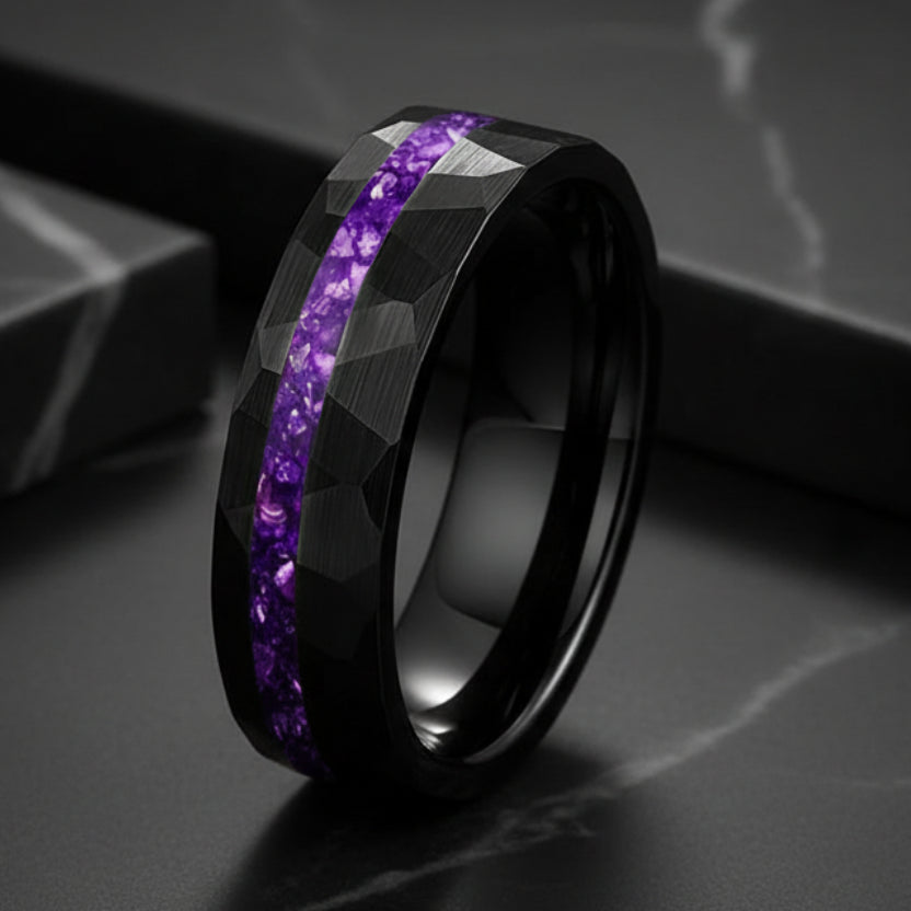 Hammered Tungsten ring with purple inlay