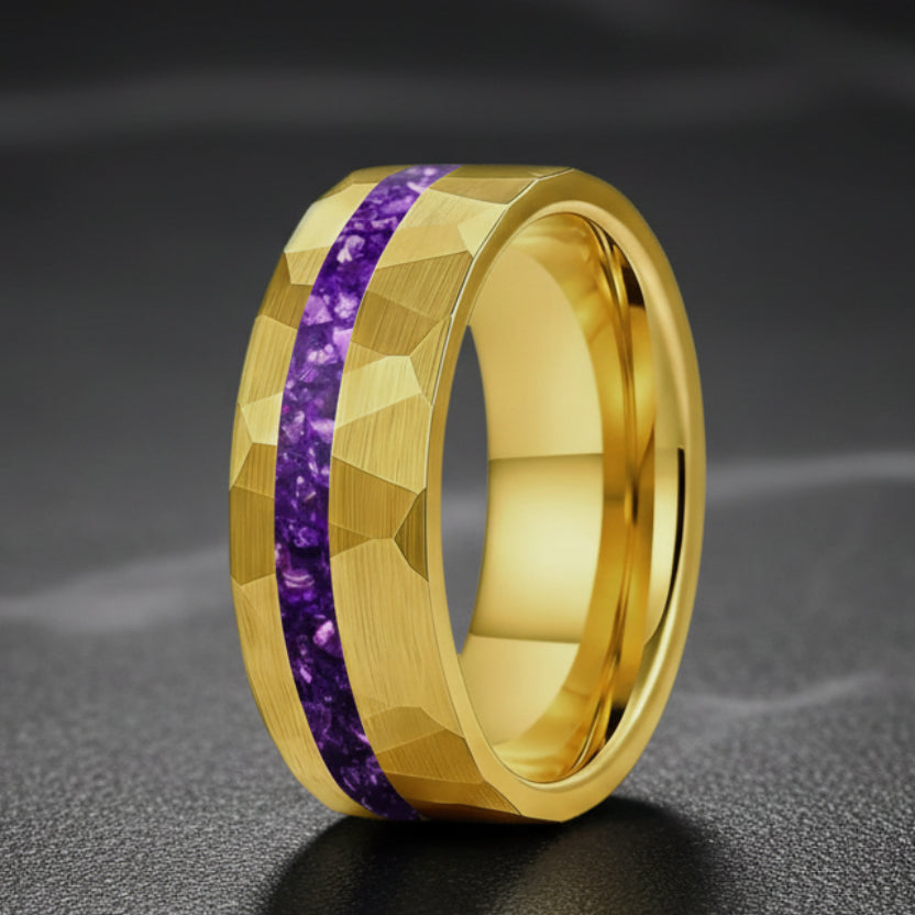 Hammered Tungsten ring with purple inlay