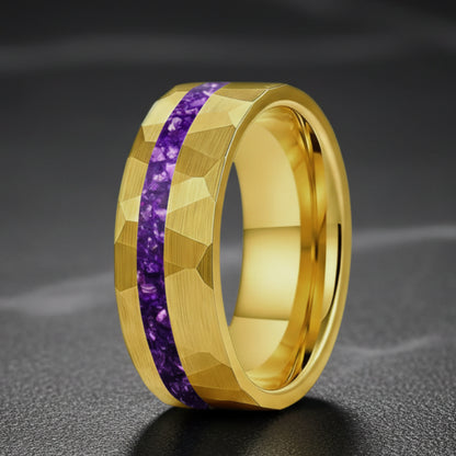 Hammered Tungsten ring with purple inlay