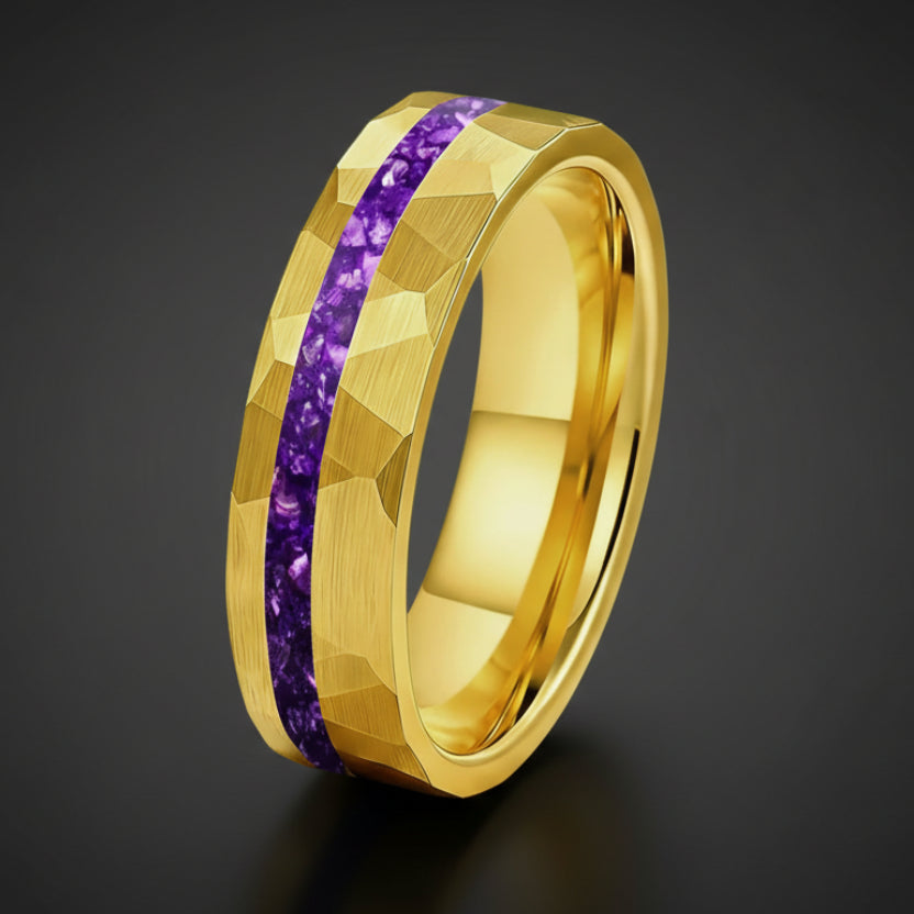 Hammered Tungsten ring with purple inlay