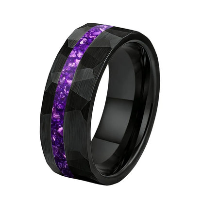 Hammered Tungsten ring with purple inlay