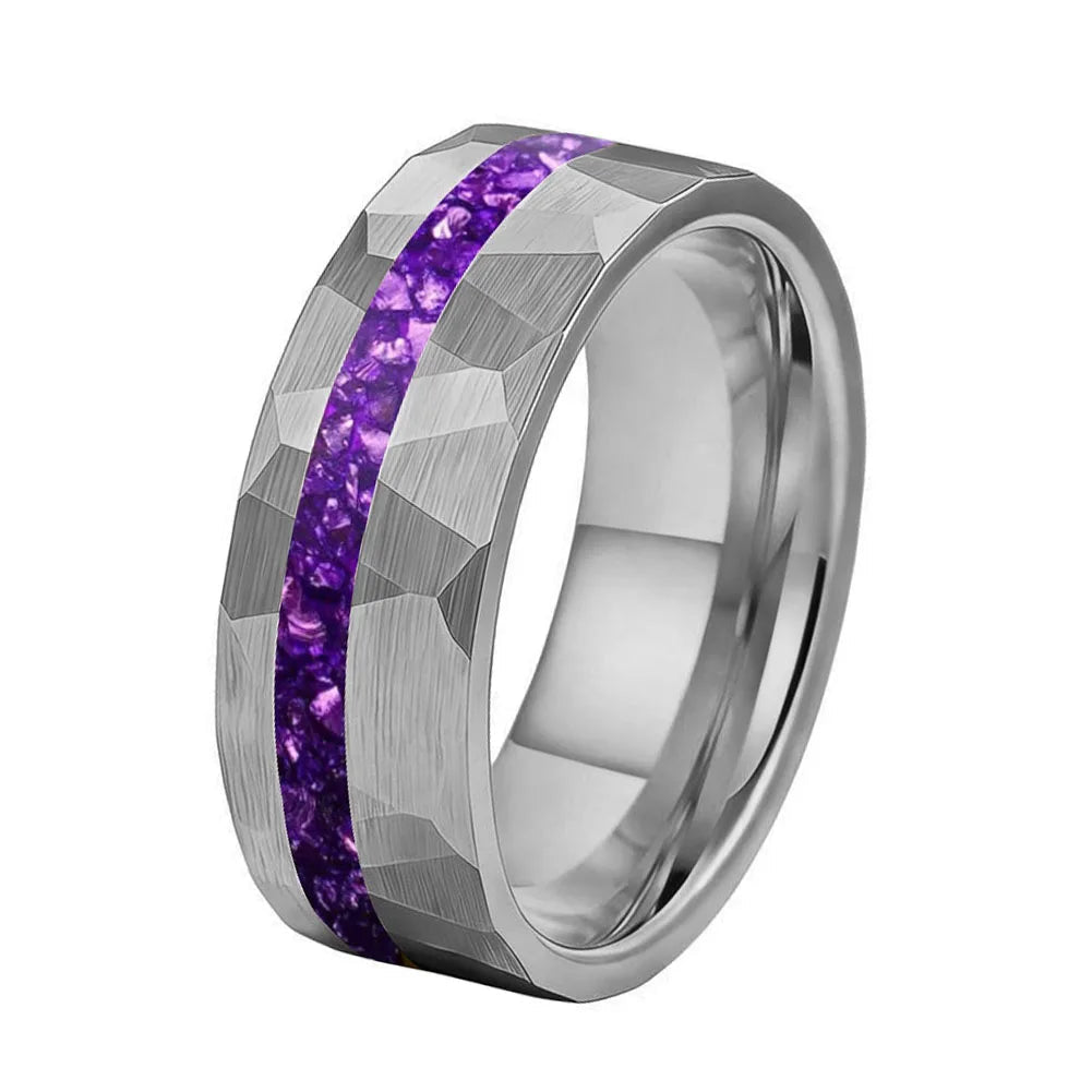 Hammered Tungsten ring with purple inlay