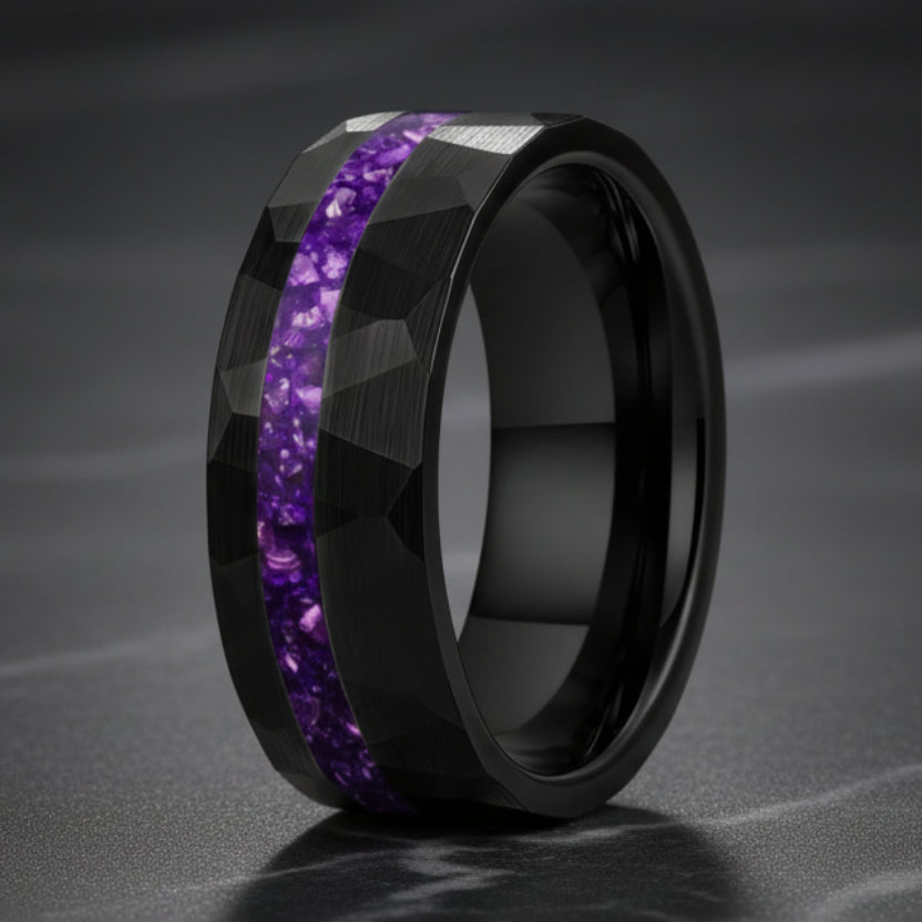Hammered Tungsten ring with purple inlay